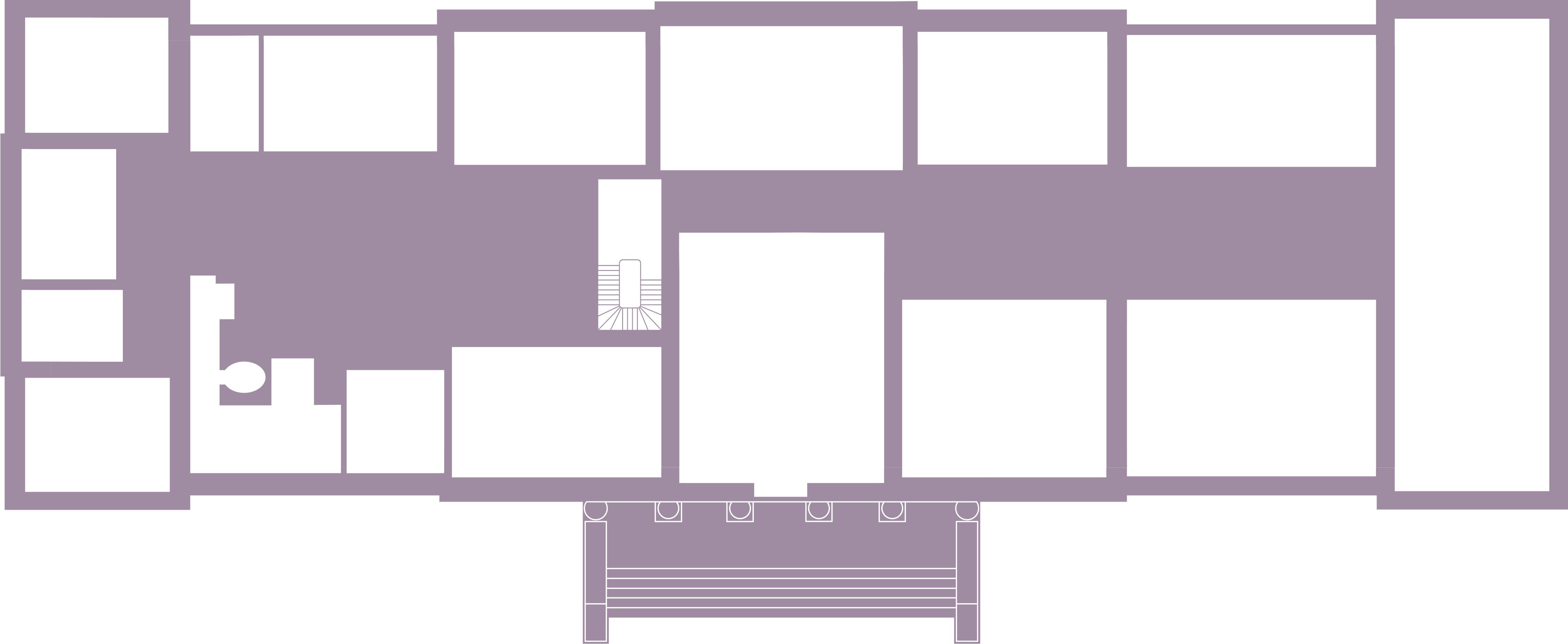 Simple floor plan of State Floor showing the route from Entrance Hall round the east side of the house all the way to the west side and back to the Entrance Hall.