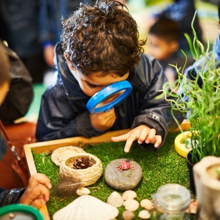 Ground of young children huddle around natural objects. One child holds a magnifying class to his face as he inspects a beetle.