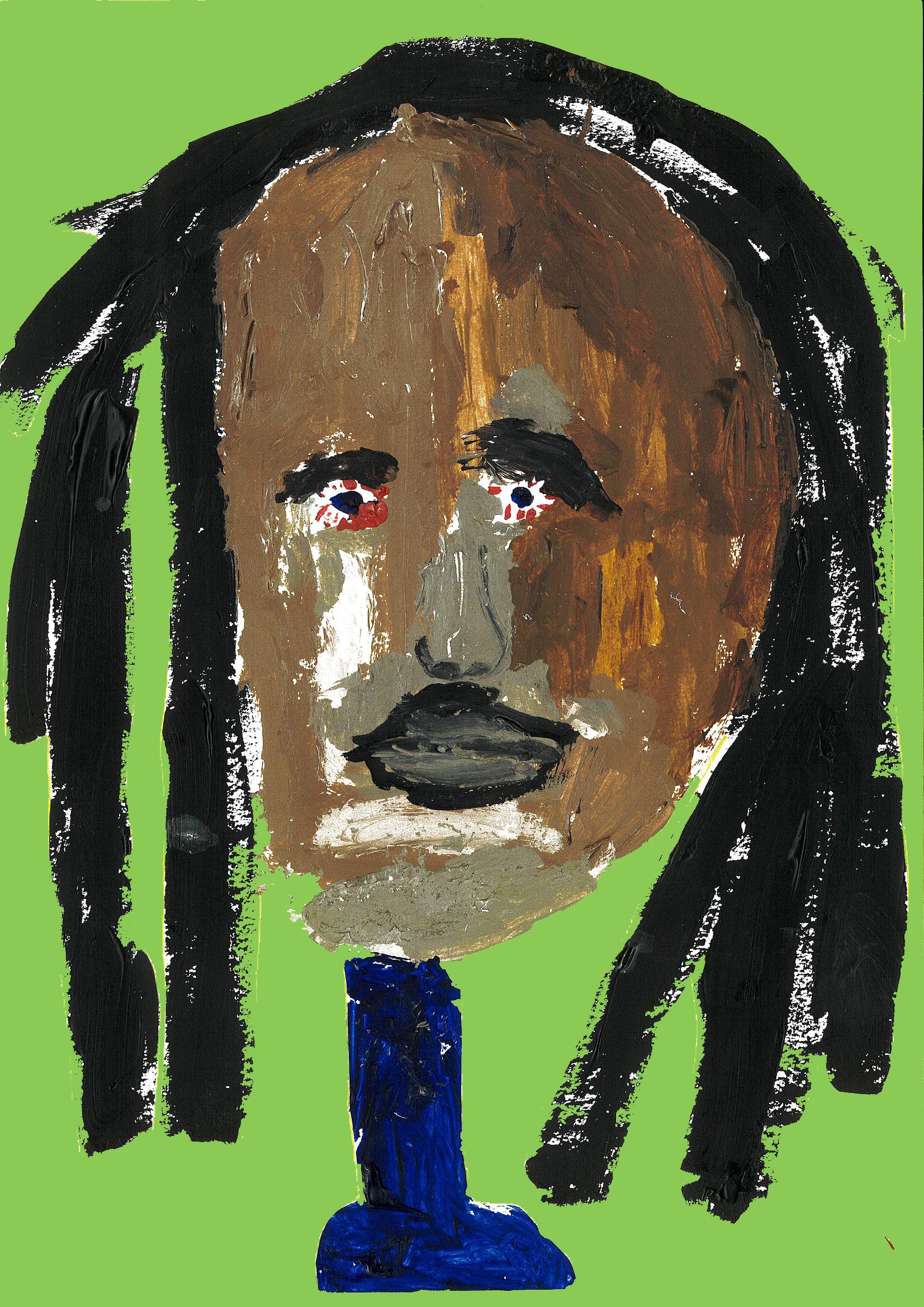 A child's interpretative portrait of Bob Marley on a bright green background.