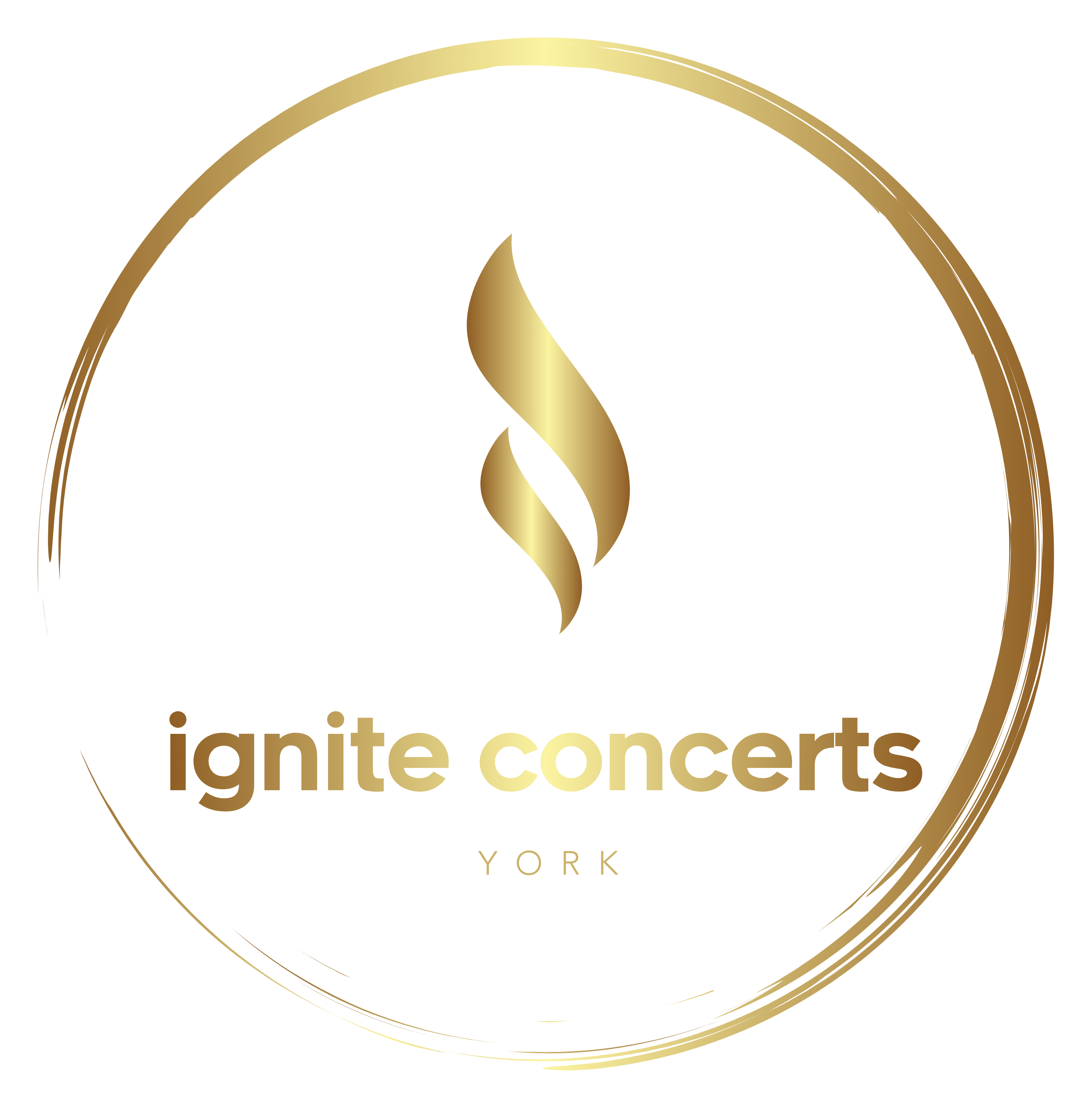 A company logo with a single gold circle with golden flame emblem in the centre of the circle above golden text reading Ignite Concerts York