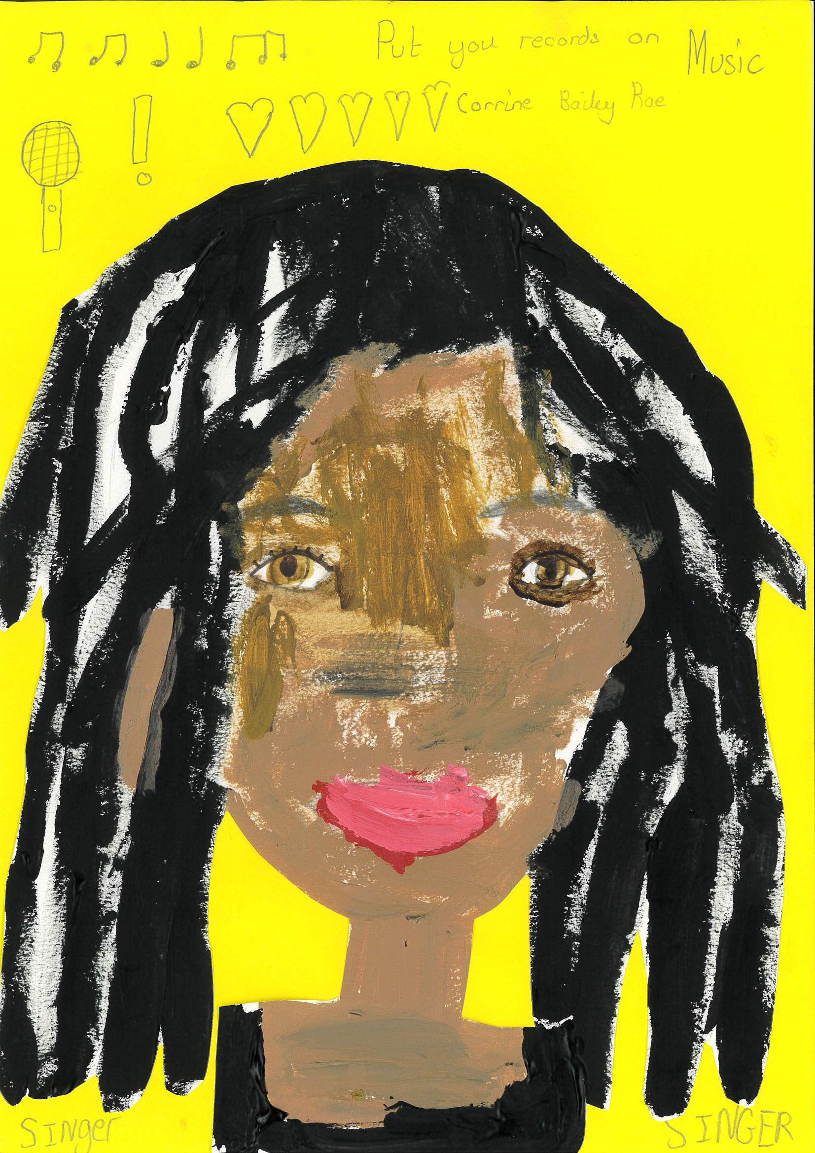 A child's imaginative portrait of Corrine Bailey Rae on a bright yellow background.