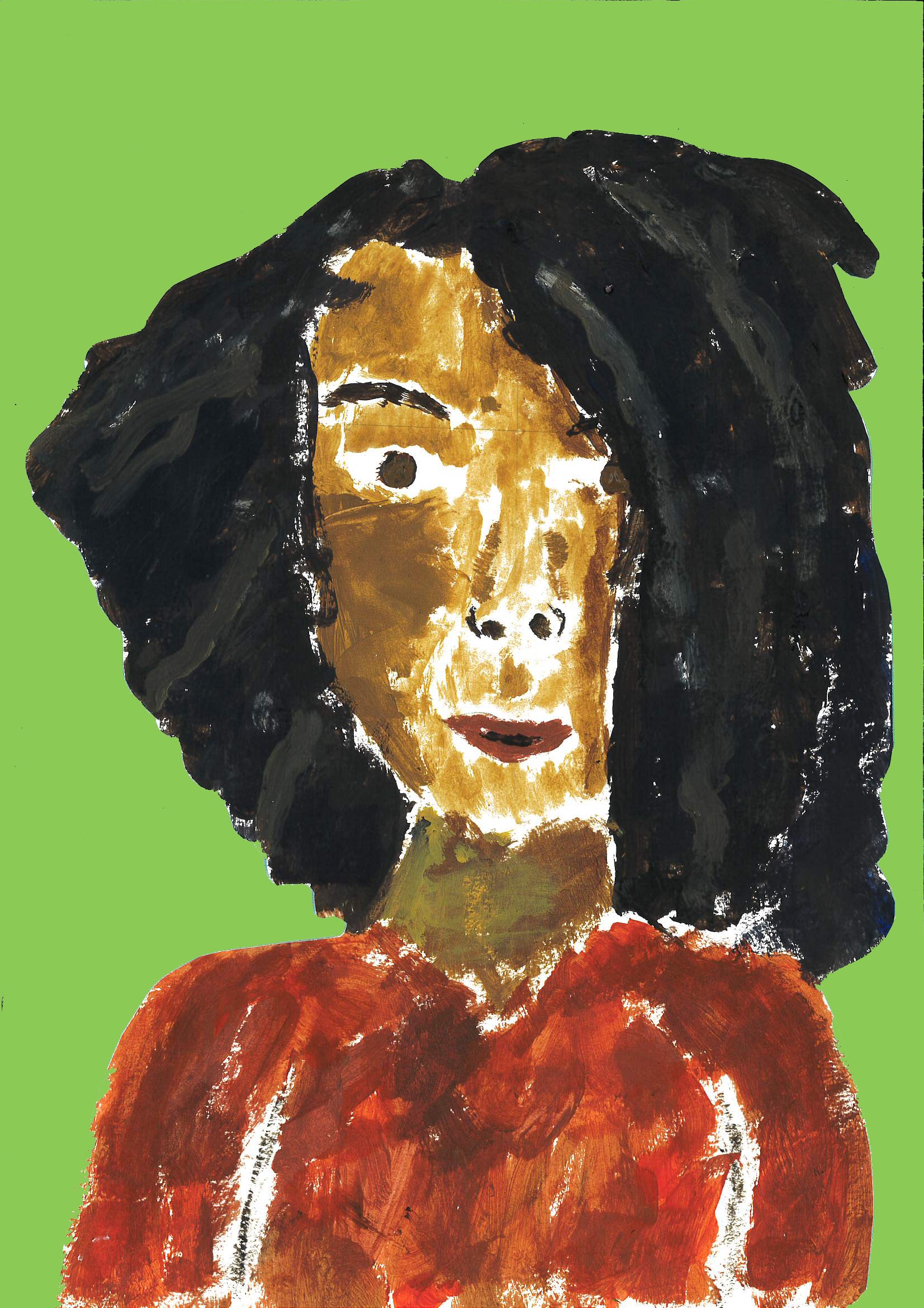 A child's vibrant portrait of Corrine Bailey Rae on a bright green background.