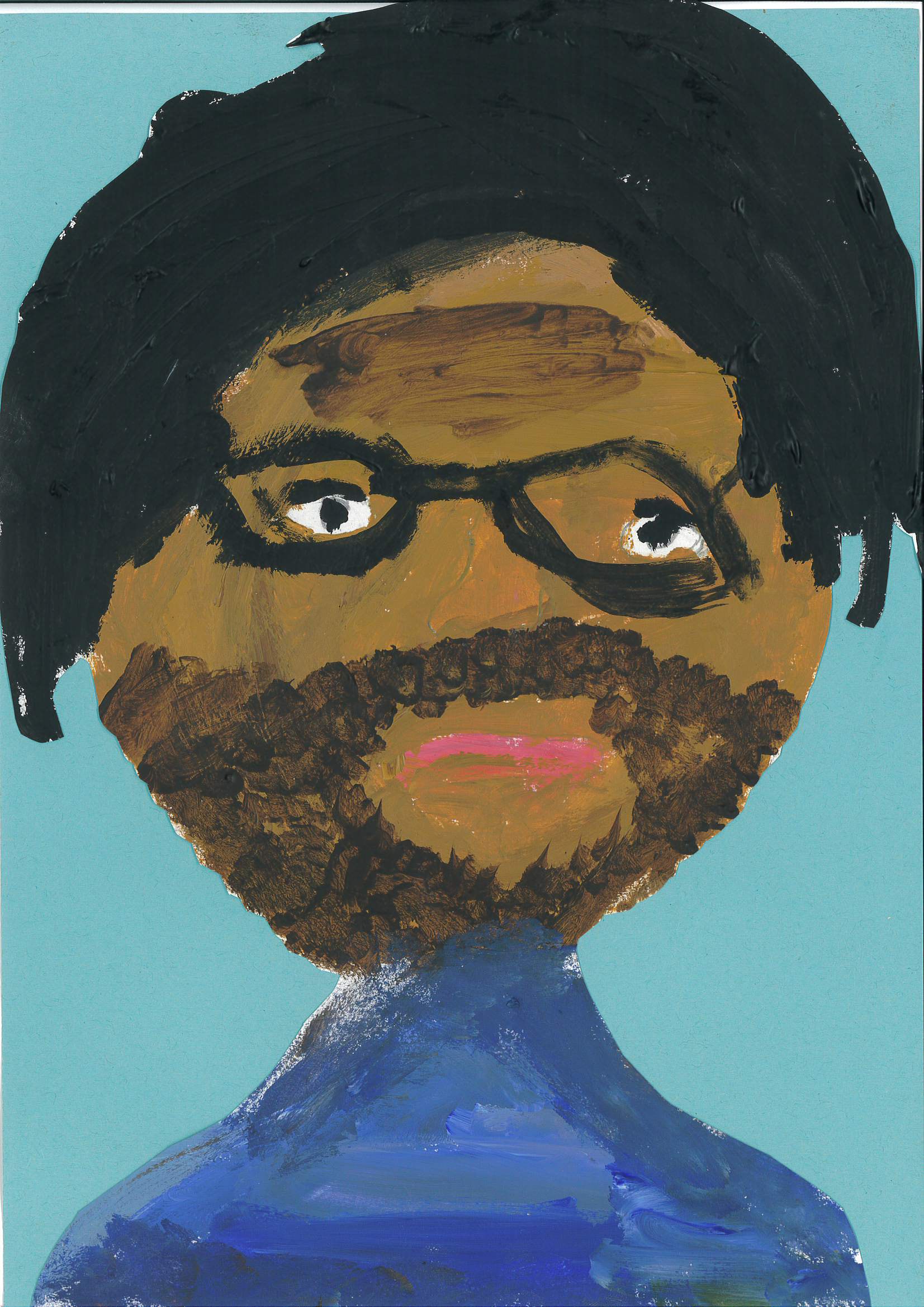 A child's imaginative portrait of David Olusoga on a bright blue background.