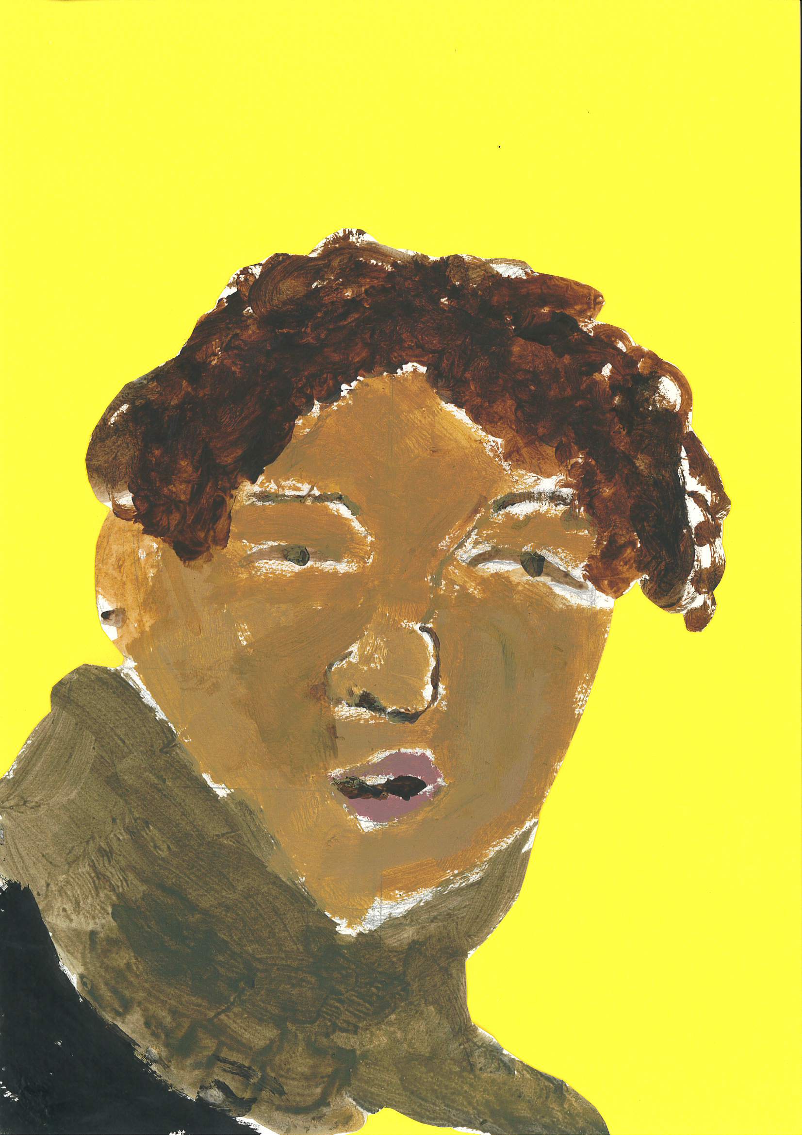 A child's vibrant portrait of Geraldine Connor on a bright yellow background.