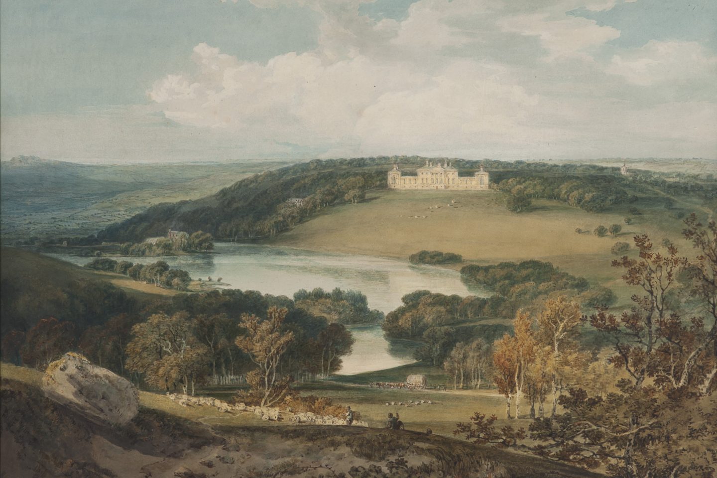 A grand estate, Harewood House from the South by JMW Turner (1798), sits atop a hill, overlooking a lush landscape with a winding river. It is surrounded by dense forests and open fields, all under a wide, cloudy sky.