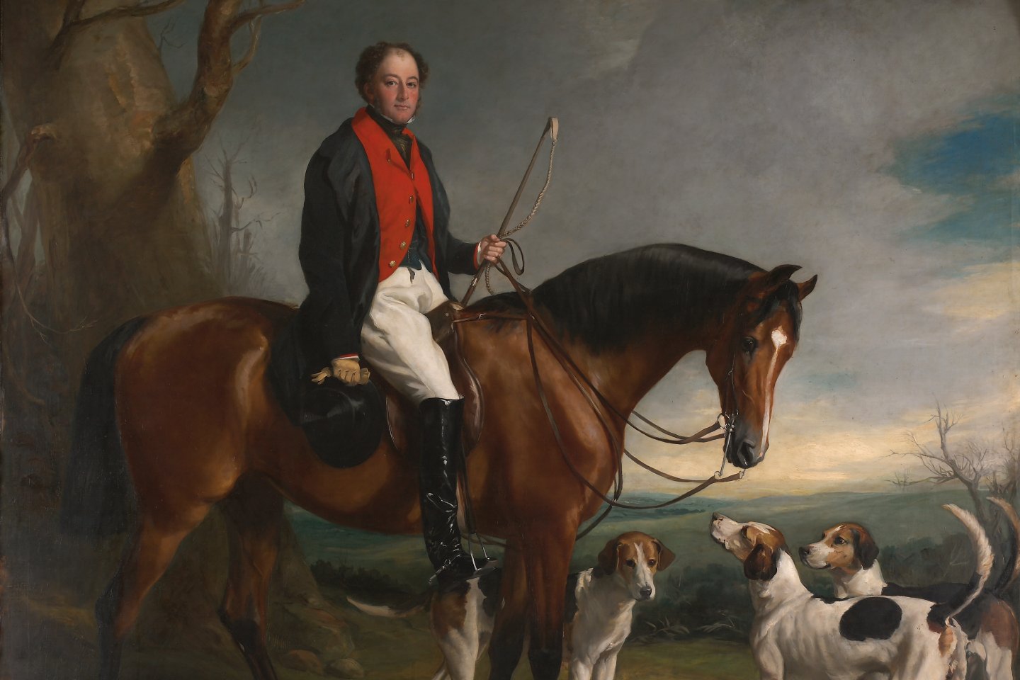 A portrait of Henry, 3rd Earl of Harewood, by Francis Grant (1848), shows a man in 19th-century attire sitting confidently on a brown horse, wearing a red vest and black boots. Three hounds stand by, set against a twilight sky.