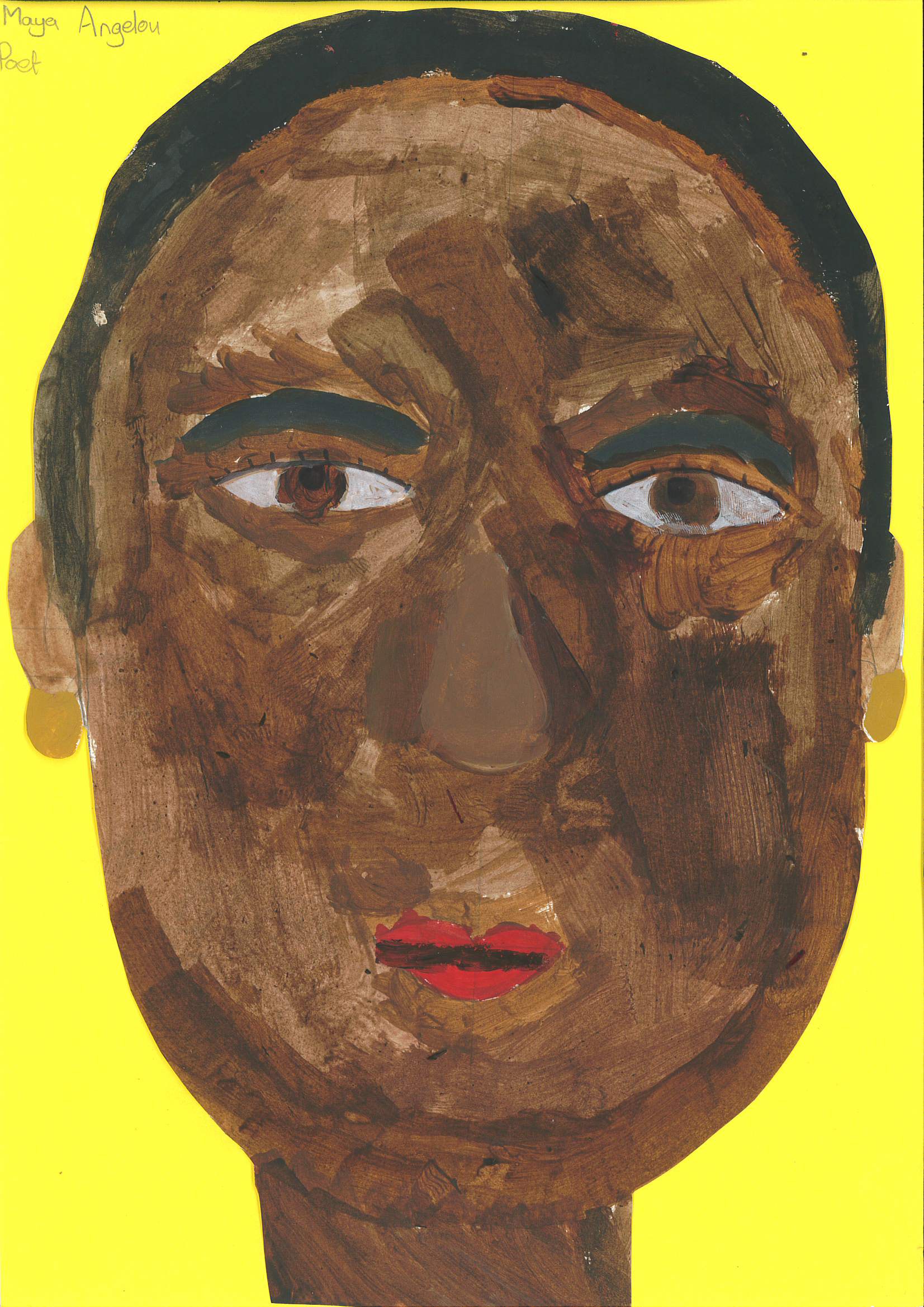 A child's interpretative portrait of Maya Angelou on a bright yellow background