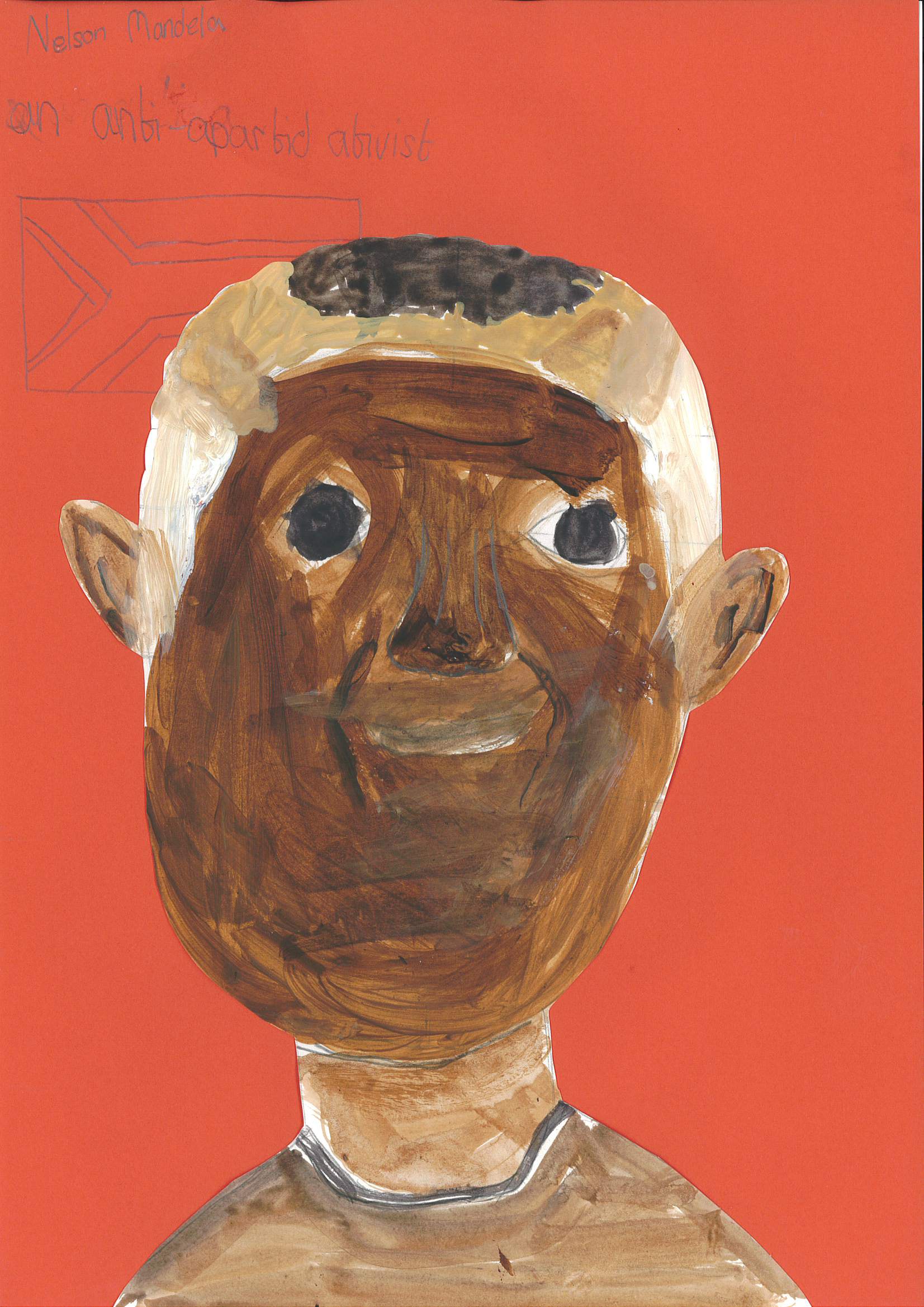 A child's interpretative portrait of Nelson Mandela on a bright red background.