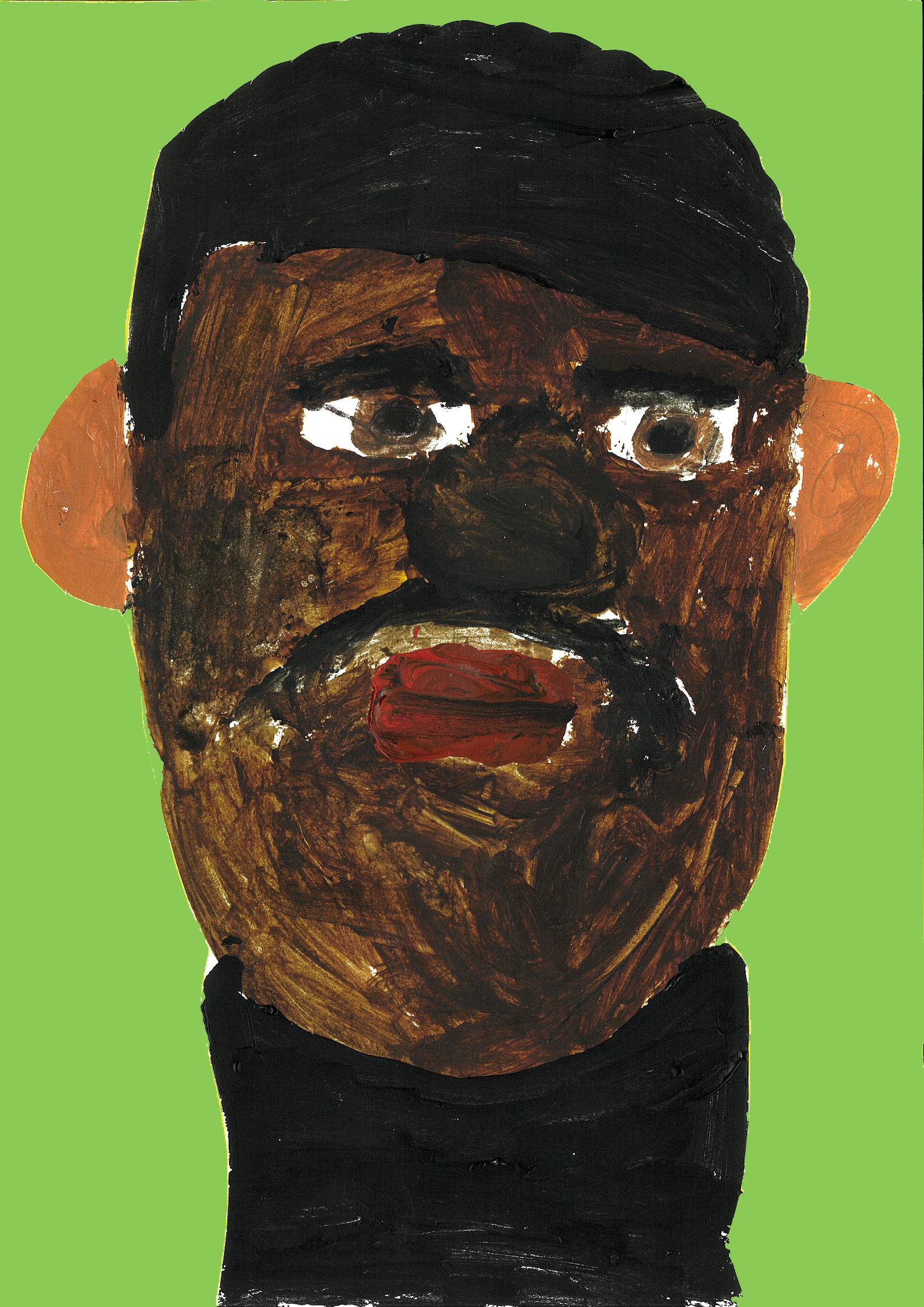 A child's interpretative portrait of Pablo Fanque on a bright green background.