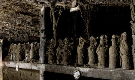 A darkly lit image of some shelving in a cellar at Harewood House. On the shelves are 6 bottles of rum encrusted with deep layers of dirt, mould and cobwebs.