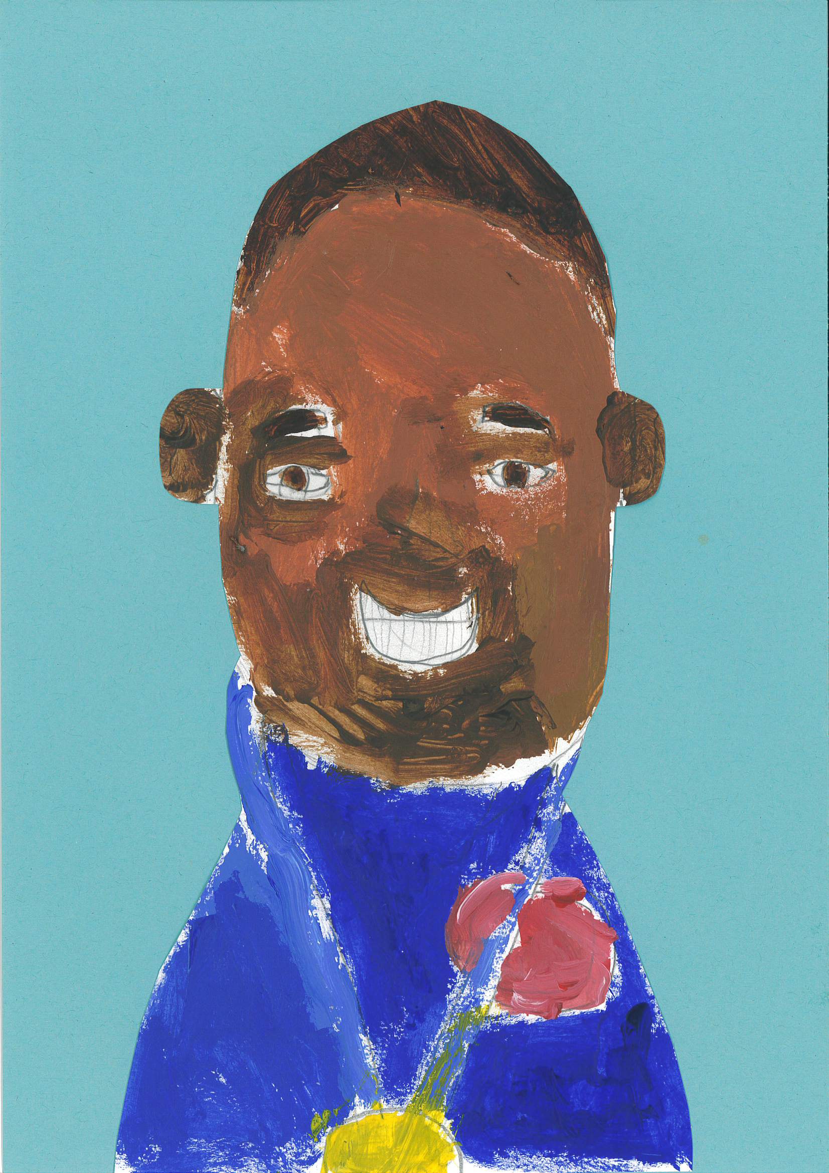 A child's vibrant painting of Simone Biles on a bright blue background.