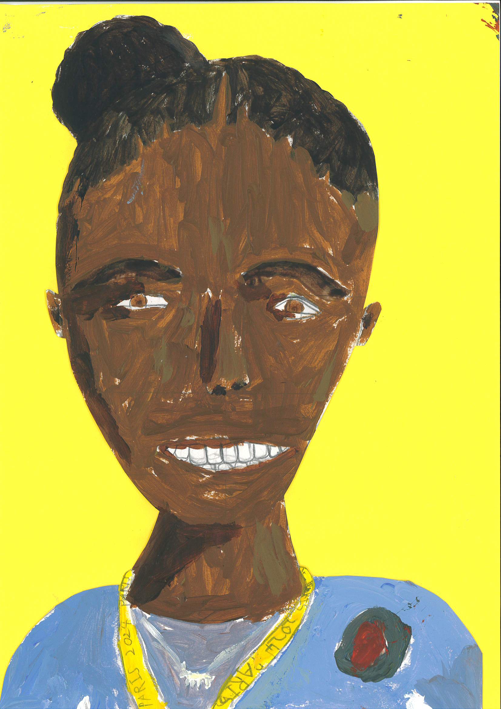 A child's vibrant painting of Simone Biles on a bright yellow background.