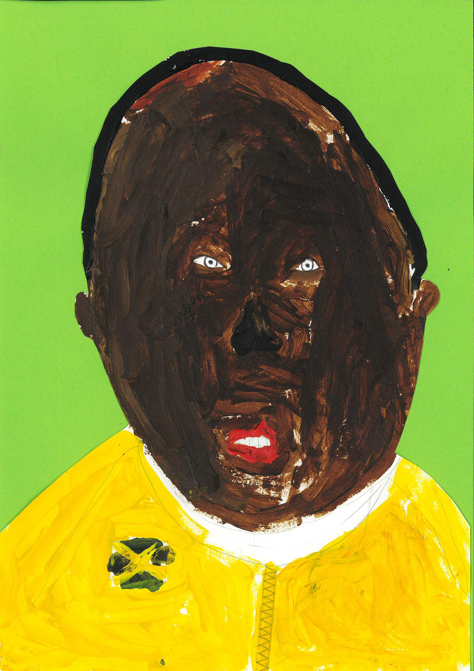 A child's interpretation of a Usain Bolt portrait on a bright green background.