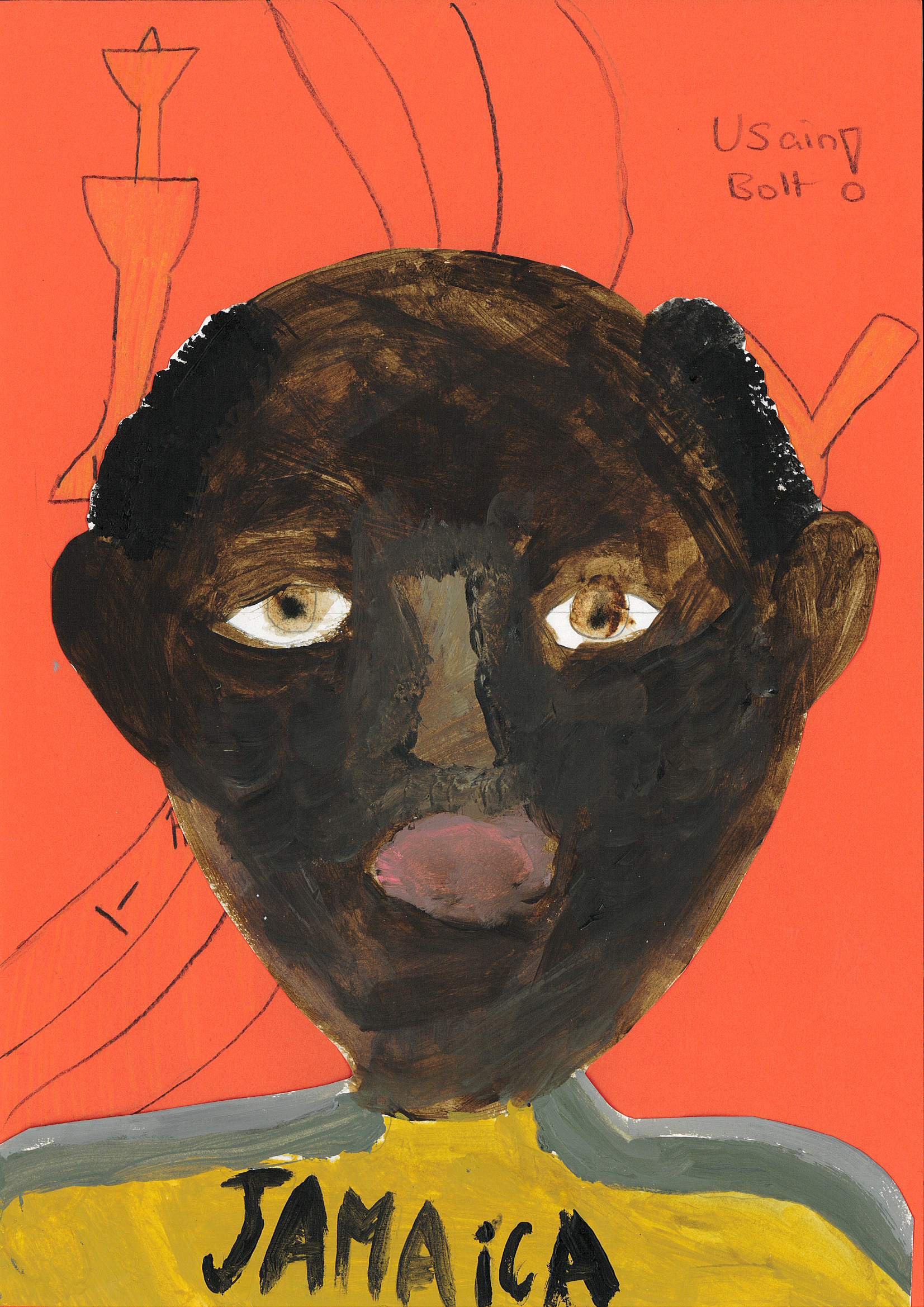 A child's vibrant painting of Usain Bolt on a bright red background.