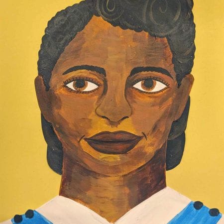 A child's artistic representation of Louise Da Cocodia painted on a bright yellow background.