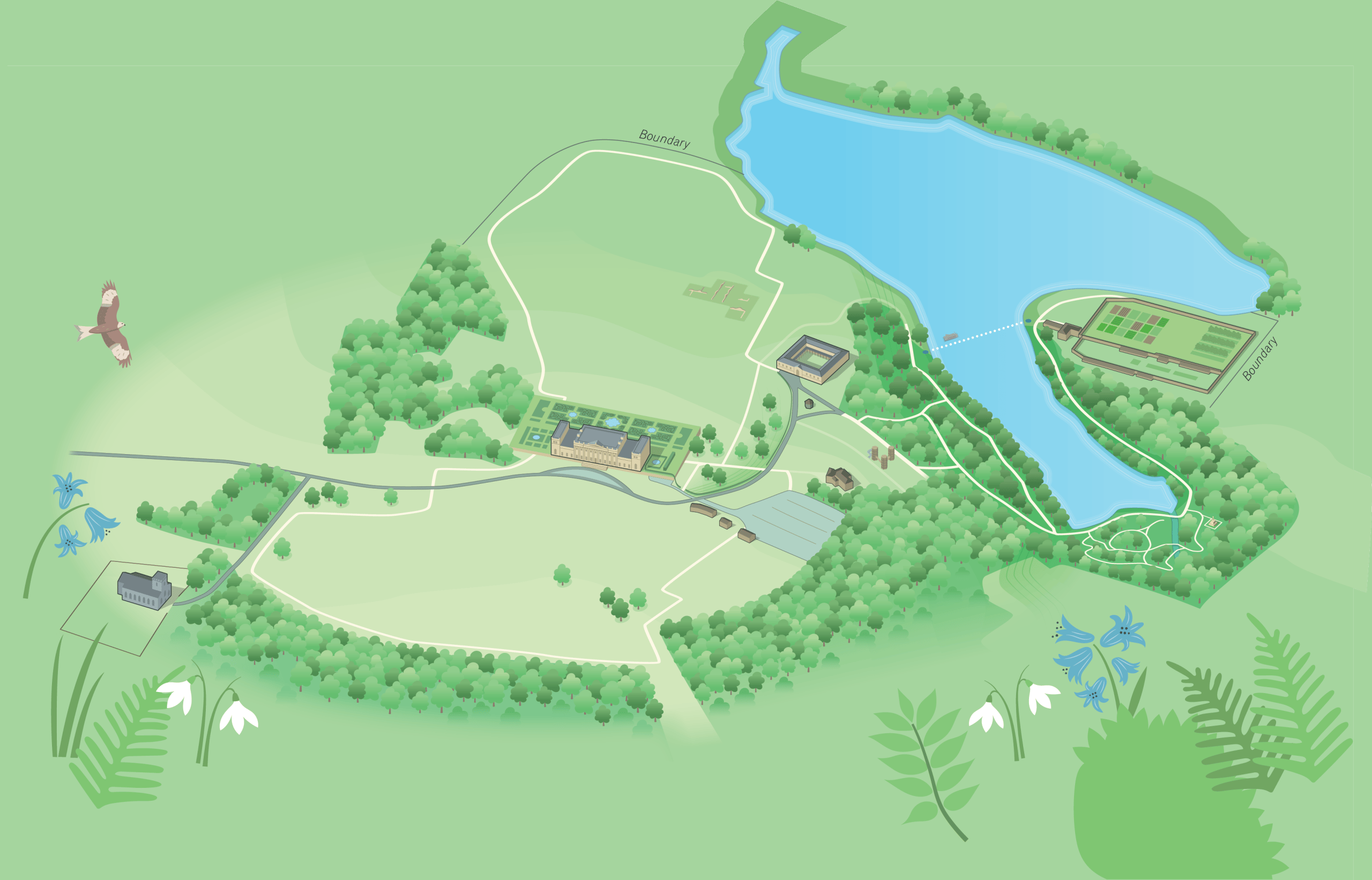Map showing arial view of walks available on Harewood Gardens and Grounds. One path plots the route from the car park, across the North Front path to All Saints' Church and Woodland Wonderland then through the East Garden. This is where the second walk begins, across the Terrace, down past the Archery Border and around Sunsides leading out past the Courtyard. The third walk begins at the Car Park, past the Adventure Playground and Courtyard, down the Lakeside Woodland Garden path, around the Himalayan Garden, round the lake to the Bothy and Walled Garden. The walks can be done in succession and are all circular.