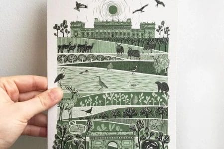 A hand-pulled three colour screen print, made from original paper-cut design is inspired by the animals found across Harewood and the wider estate.