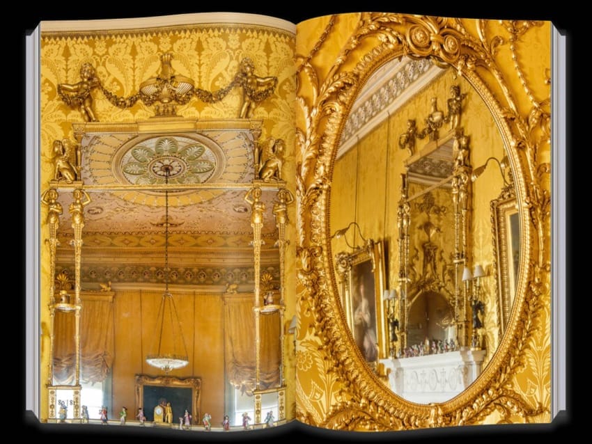 Harewood Photo Book open on a double page spread of the Yellow Drawing Room, showcasing the incredible detail of Chippendale gilded mirrors and bright yellow and gold damask on the walls.