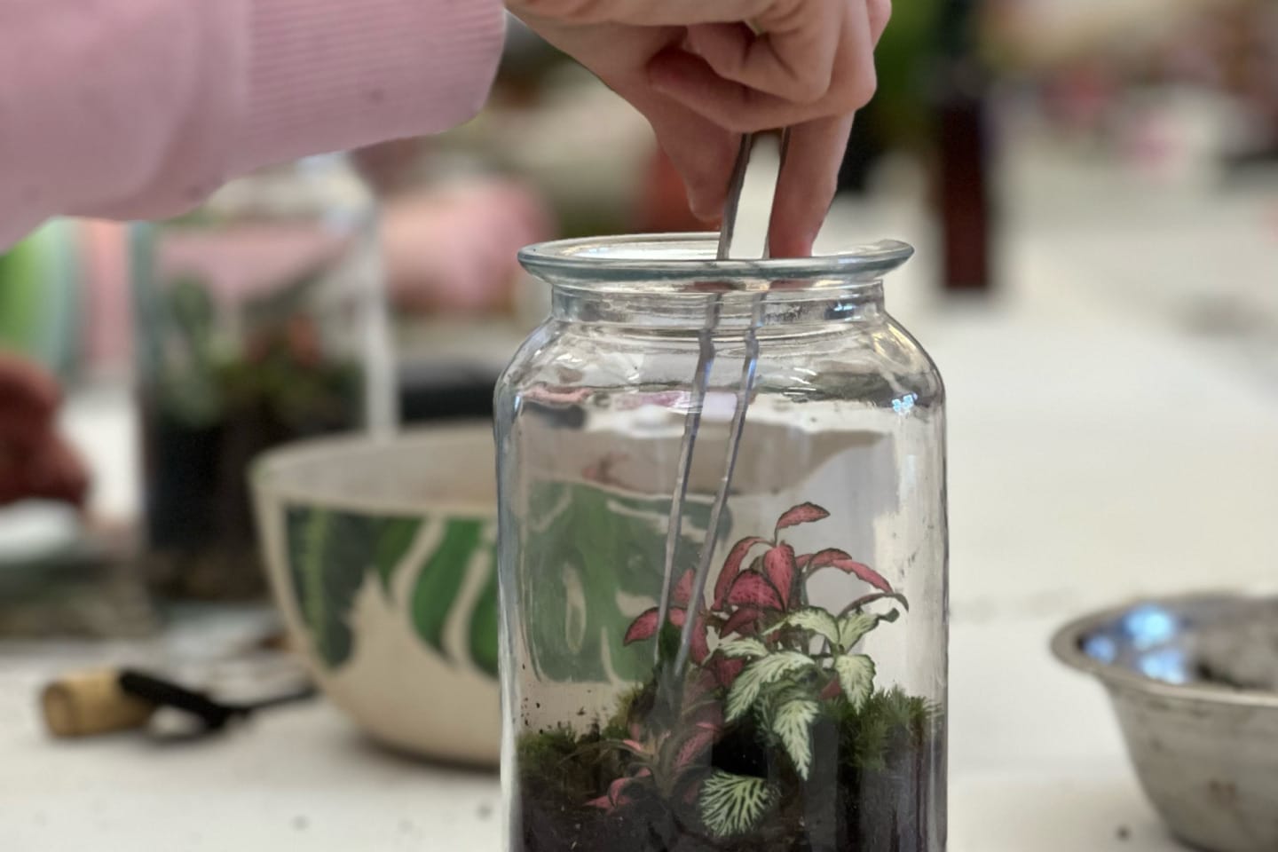 A person carefully places small plants into a glass jar, showcasing a nurturing approach to gardening.
