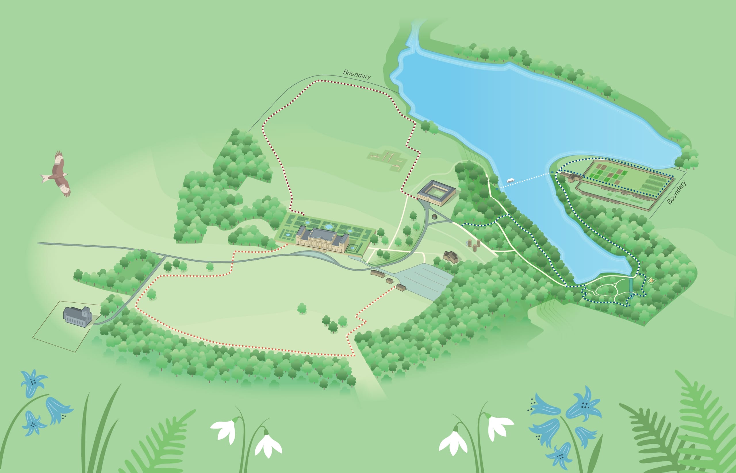 Map showing arial view of walks available on Harewood Gardens and Grounds. One path plots the route from the car park, across the North Front path to All Saints' Church and Woodland Wonderland then through the East Garden. This is where the second walk begins, across the Terrace, down past the Archery Border and around Sunsides leading out past the Courtyard. The third walk begins at the Car Park, past the Adventure Playground and Courtyard, down the Lakeside Woodland Garden path, around the Himalayan Garden, round the lake to the Bothy and Walled Garden. The walks can be done in succession and are all circular.