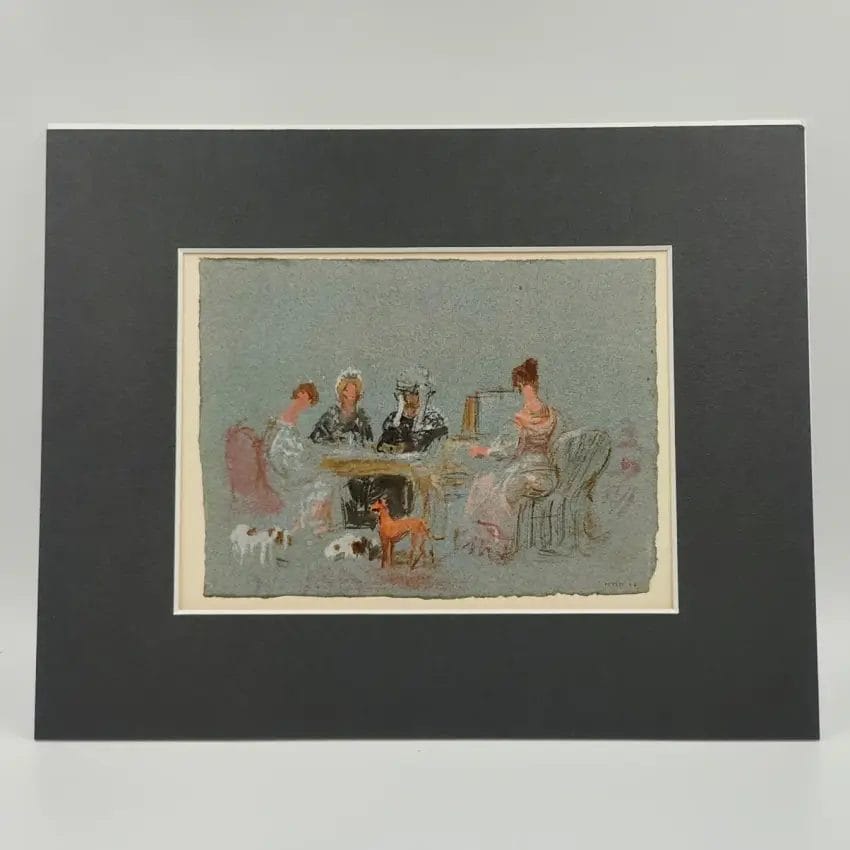 A watercolour painting depicting a gathering in an opulent, traditional library, where several figures, mostly women, and two dogs are gathered around a table."