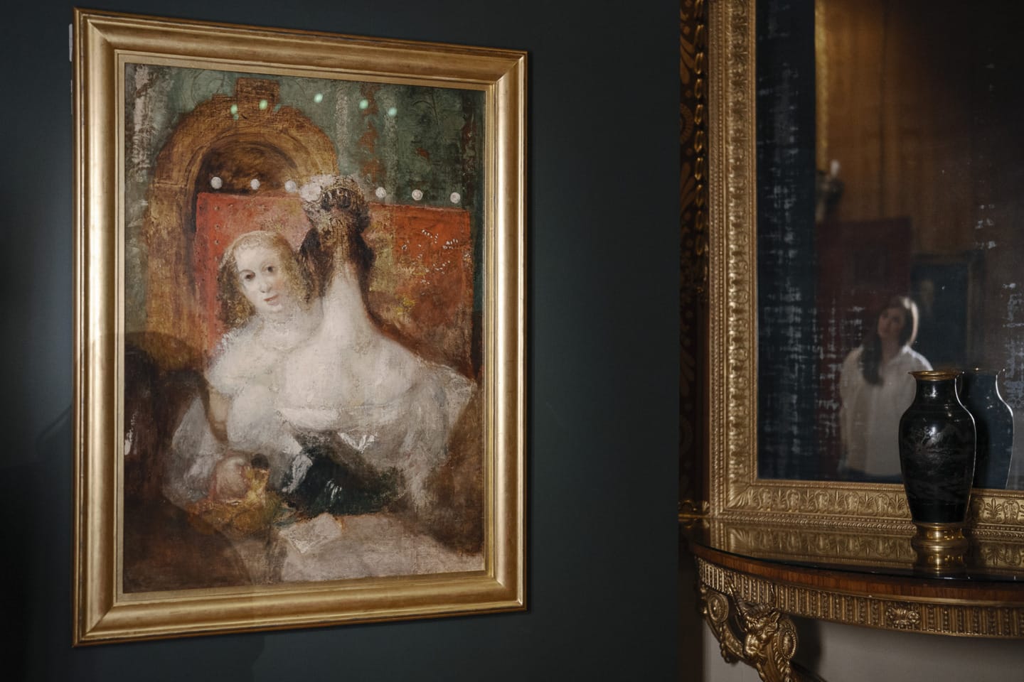 The painting measures approximately 122cm by 92cm, and is in portrait orientation. Turner’s two young women fill about half of the canvas space. Their bodies face each other, their heads and torsos dominating the centre foreground. They wear gleaming ivory-coloured dresses that are almost as pale as their complexions.