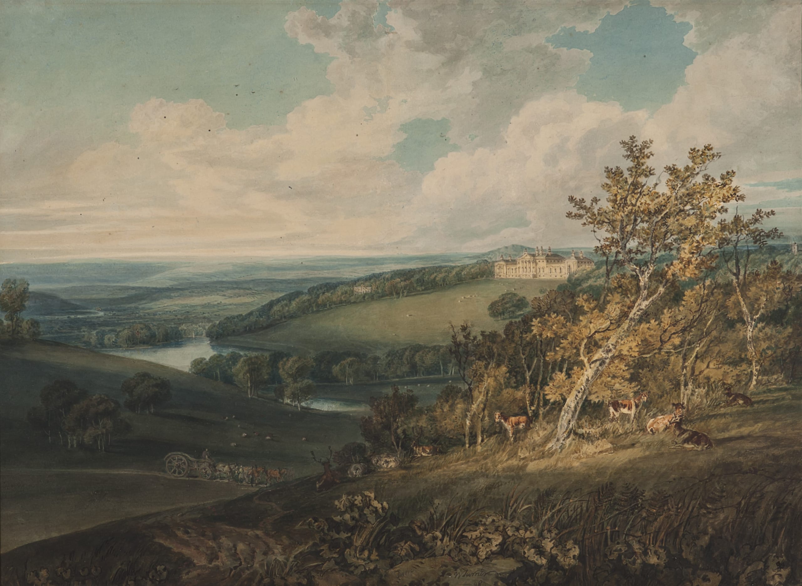 This painting depicts a view of Harewood House from the original entrance to the Harewood estate on the south-eastern side of the park. The route would have been particularly dramatic, connecting a string of man-made vistas across the Capability Brown landscape towards the House. Seen alongside Turner’s other Harewood watercolours, they create a visual tour of the estate, with the House as its focal point.