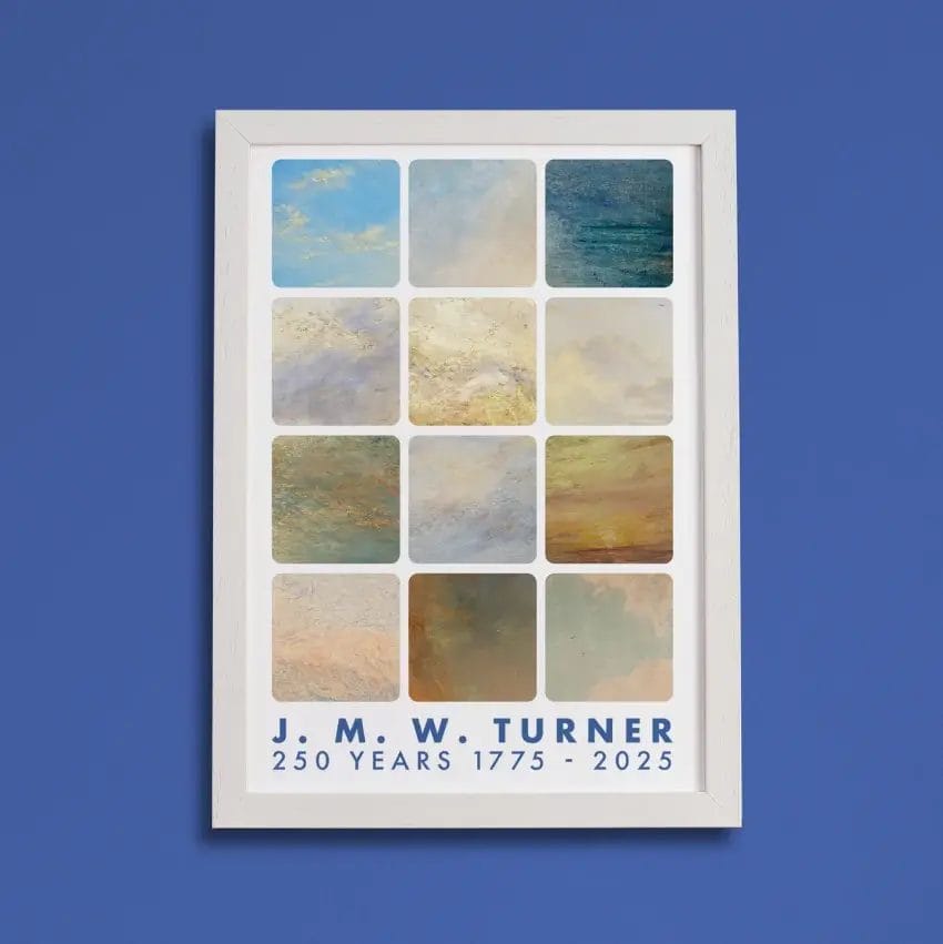 An A3 print made up of 12 different skies, painted by JMW Turner. The print features the words, JMW Turner, 250 Years 1775-2025 across the bottom.