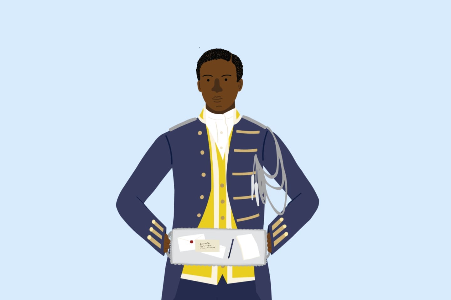 Illustration of a man wearing an 18th-century style navy-blue and gold uniform, standing against a light blue background and holding a tray with letters, papers, and a pen.