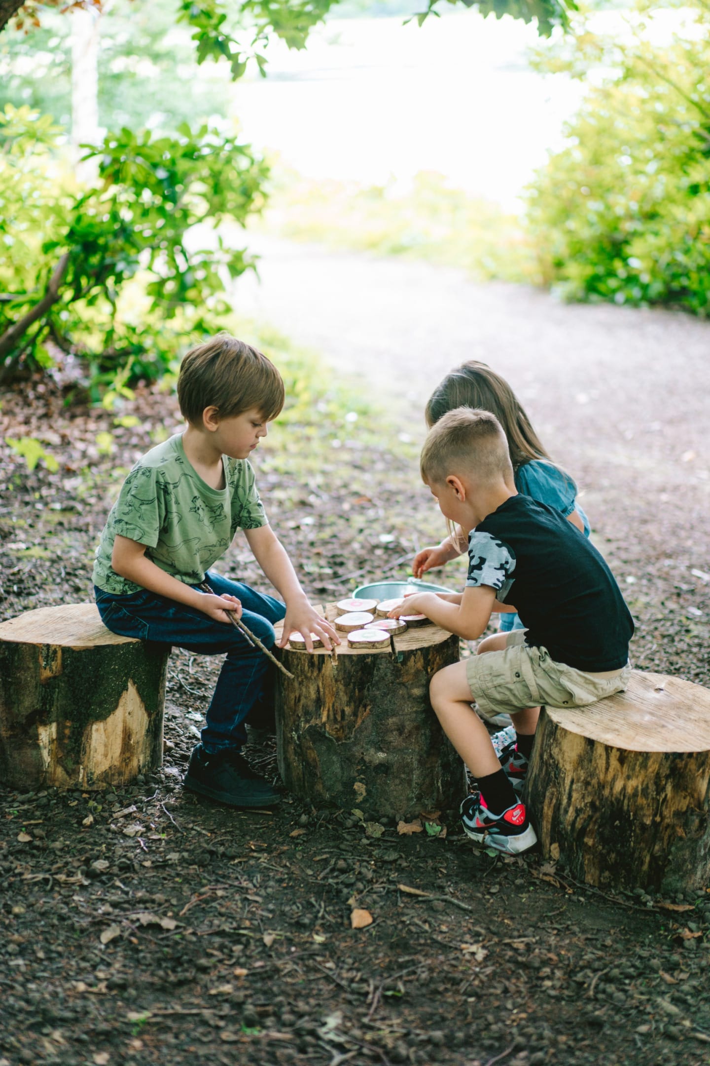 Two young boys wearing, one wearing a green tshirt the other a black tshirt are sat opposite each other on tree trunks. In the middle of them is another tree trunk where they are playing a game. They are in a woodland setting.